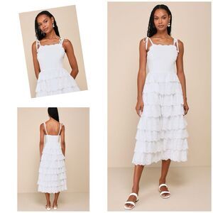 Lulus Endlessly Ideal Dress Women's XS White Midi Eyelet Embroidered NWOT